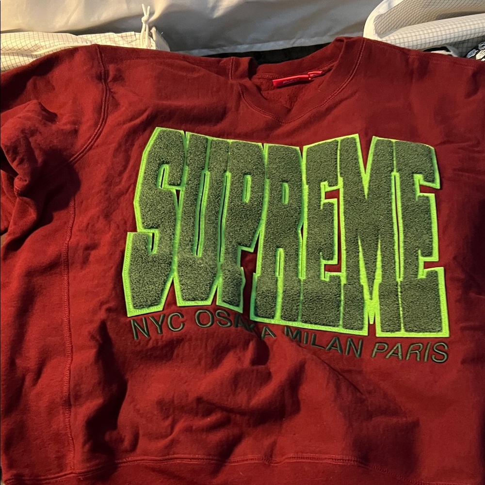 Supreme Burgundy Sweatshirt with Neon Green Logo (sewn on logo)